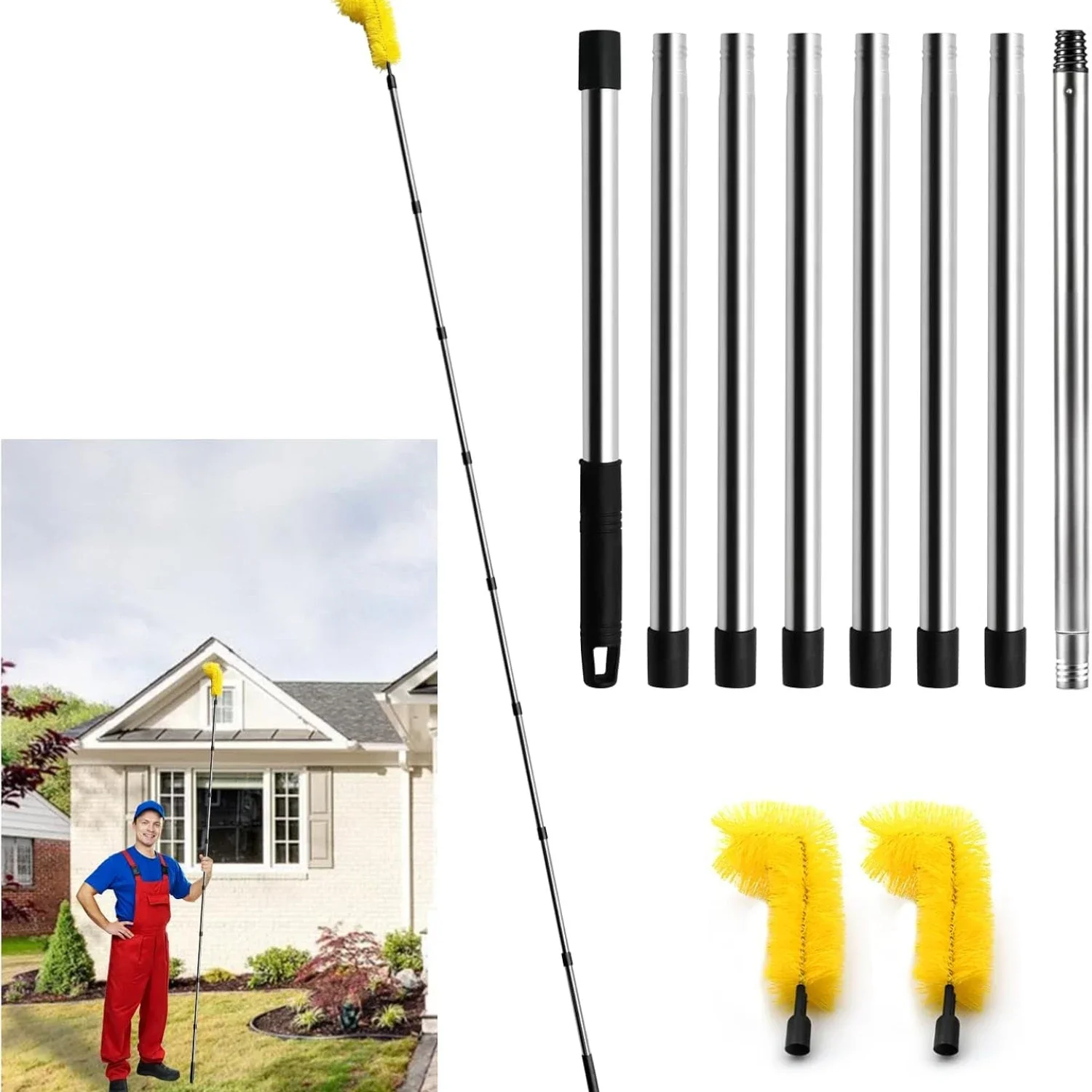 kf-S1d79a7d4c585441f83d306fe44672f689 Gutter Cleaning Tools 10.5 Feet Long Gutter Cleaning Tools with 8 Stainless Steel Tubes and 2 Brushes Gutter Cleaner Ability - Image 1