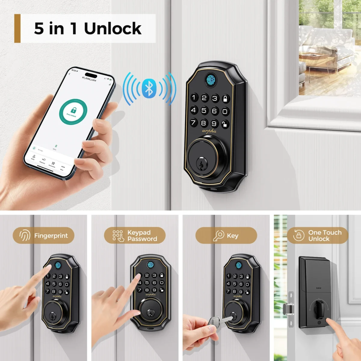 Arpha D280 Keyless Entry Door Lock 5-in-1 Smart Fingerprint Deadbolt with Keypad Electronic Deadbolt Auto-Lock One Touch Lock - Image 2