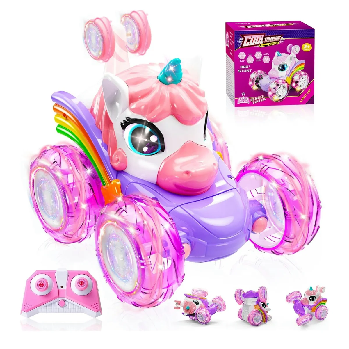 kf-S239eb5cfc62841ff8eafae75fa3ddeccO Unicorn Remote Control Car for Girls, 360° Rotating 4WD Stunt RC Cars with Cute Lights, Rechargeable Toys-Kid Birthday Gifts - Image 1