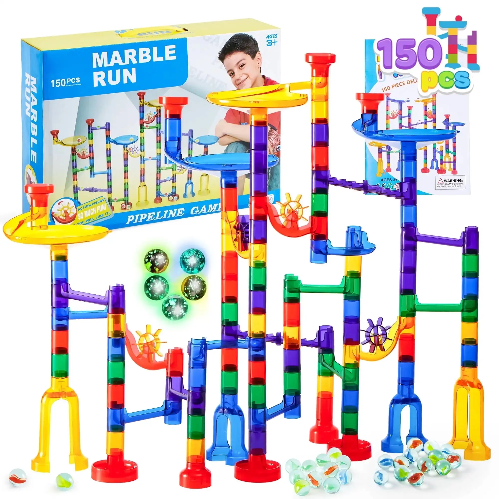 kf-S35f86991044e434f8f065bb3df0740ac1 Joyfy 150 Pcs Glowing Marble Run Construction Building Blocks Toys with 5 Glow Marbles for Kids Birthday Christmas Gift - Image 1
