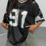 Summer New Black Speed 91 Print T-Shirt For Women V-Neck Patchwork Short Sleeve Sports Football Jersey Y2K Loose Oversized Tops