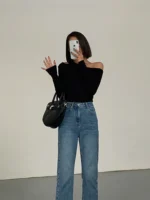 Fashion Skew Collar Off-shoulder Long-sleeved T-shirts Women Spring New Solid Slim Fit Crop Top Sexy Hollow Out Tees Shirts - Image 2