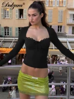 Dulzura 2025 Autumn Latest Fashion Sexy Square Collar Long Sleeve Slim Lace Up Lace Ruffles Patchwork T-Shirt Party Club Clothes - Image 4