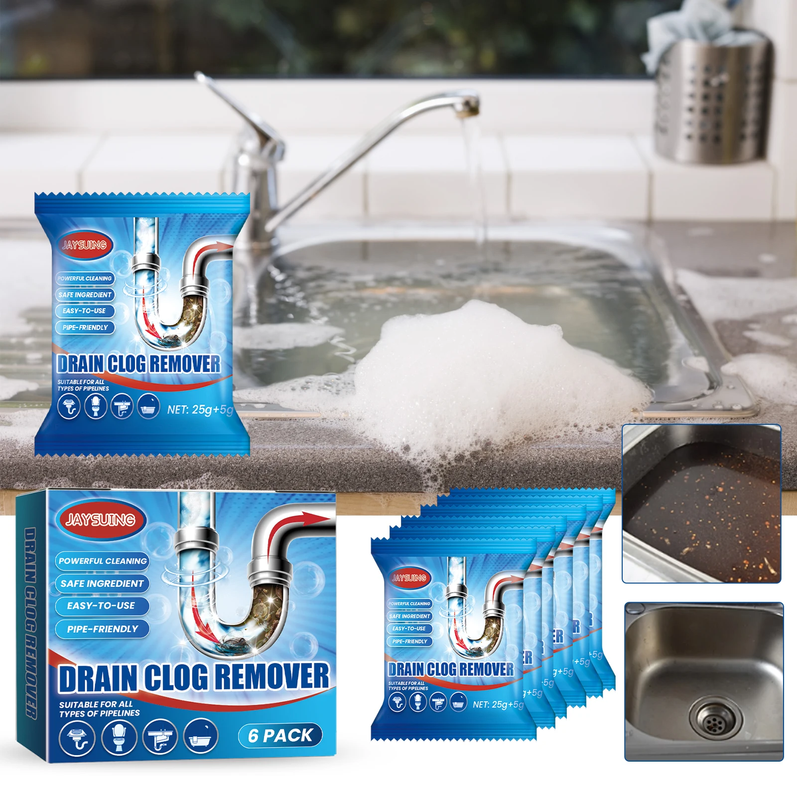 kf-S56807ee2ad3c401f835657287a04d247c 6Pcs Drain Pipe Blockage Removal Powder Toilet Breakdown Toilet Kitchen Sewer Anti Blockage Dredging Clean Deodorant Powder - Image 1