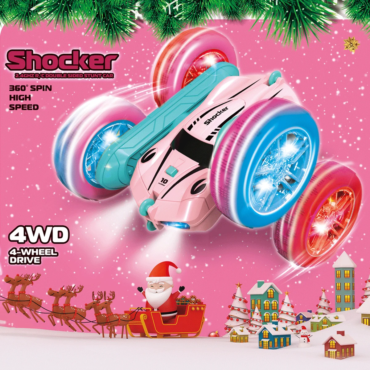 kf-S5b87540bab074688ad259710b43f4f74F Christmas themed pink remote-controlled swing arm stunt car, 360 ° flip, double-sided driving, cool lighting, Christmas gift - Image 1