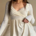 New Long Sleeve Lace Trimmed Wrap Blouse Womens Clothing Club Street Style Hot Sale S M L - Image 2