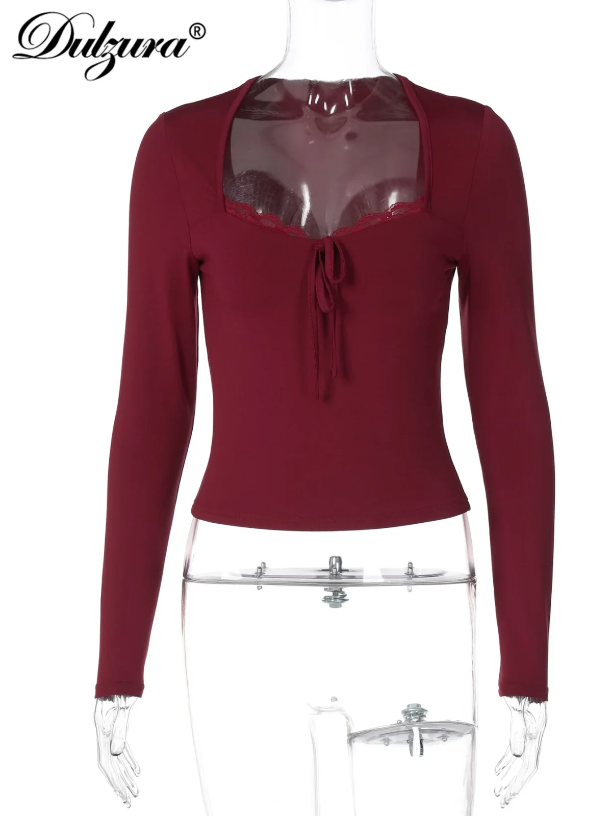 Dulzura 2025 Autumn Latest Fashion Sexy Square Collar Long Sleeve Slim Lace Up Lace Ruffles Patchwork T-Shirt Party Club Clothes - Image 6