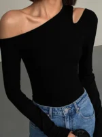 Fashion Skew Collar Off-shoulder Long-sleeved T-shirts Women Spring New Solid Slim Fit Crop Top Sexy Hollow Out Tees Shirts - Image 5