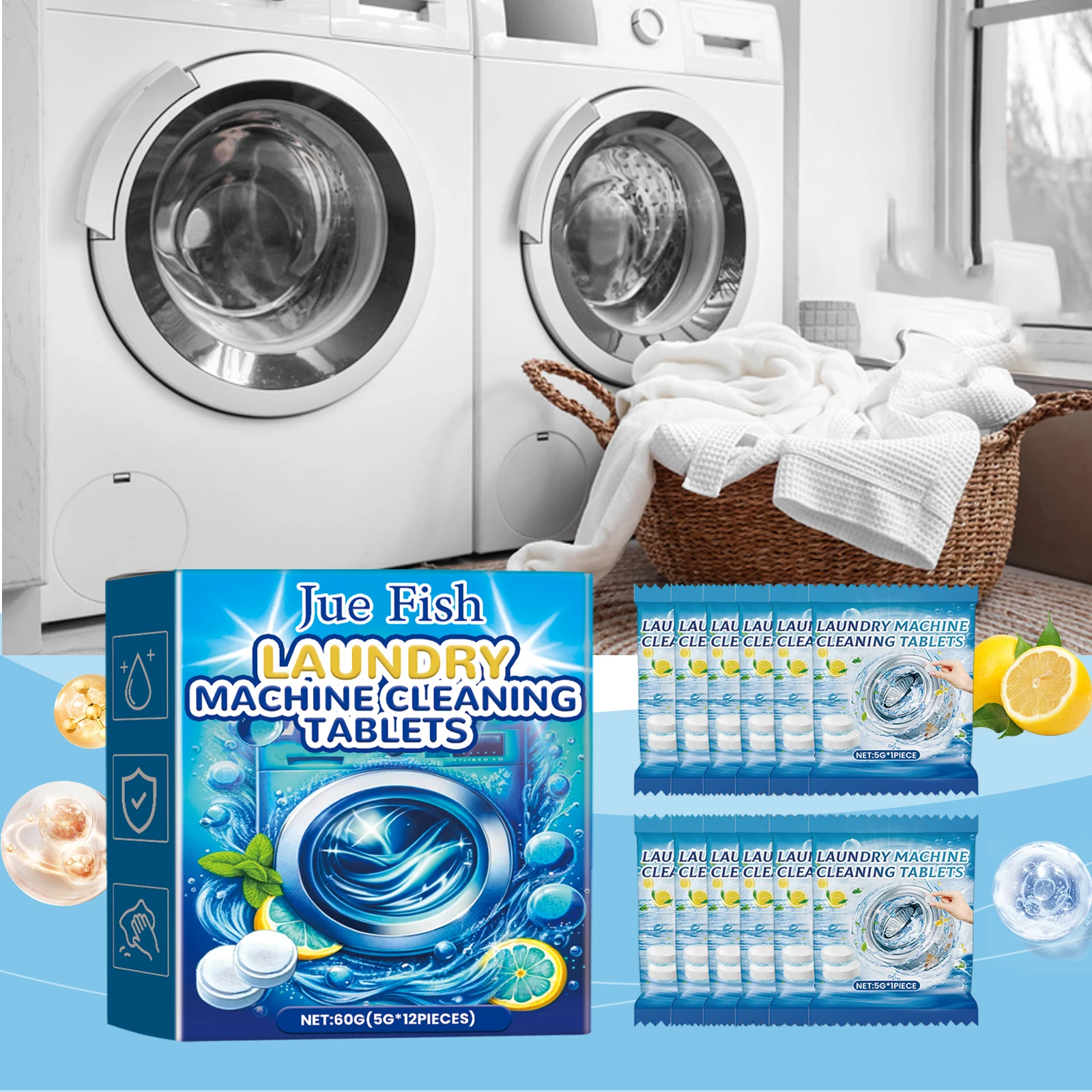 kf-S6ec5a185e239440d8d9ab303c21c4b349 12PCS Washing Machine Cleaning Effervescent Tablets Deeply Cleans Stubborn Dirt Eliminates Odors Mild No Residue For All Models - Image 1