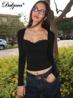 Dulzura 2025 Autumn Latest Fashion Sexy Square Collar Long Sleeve Slim Lace Up Lace Ruffles Patchwork T-Shirt Party Club Clothes - Image 3