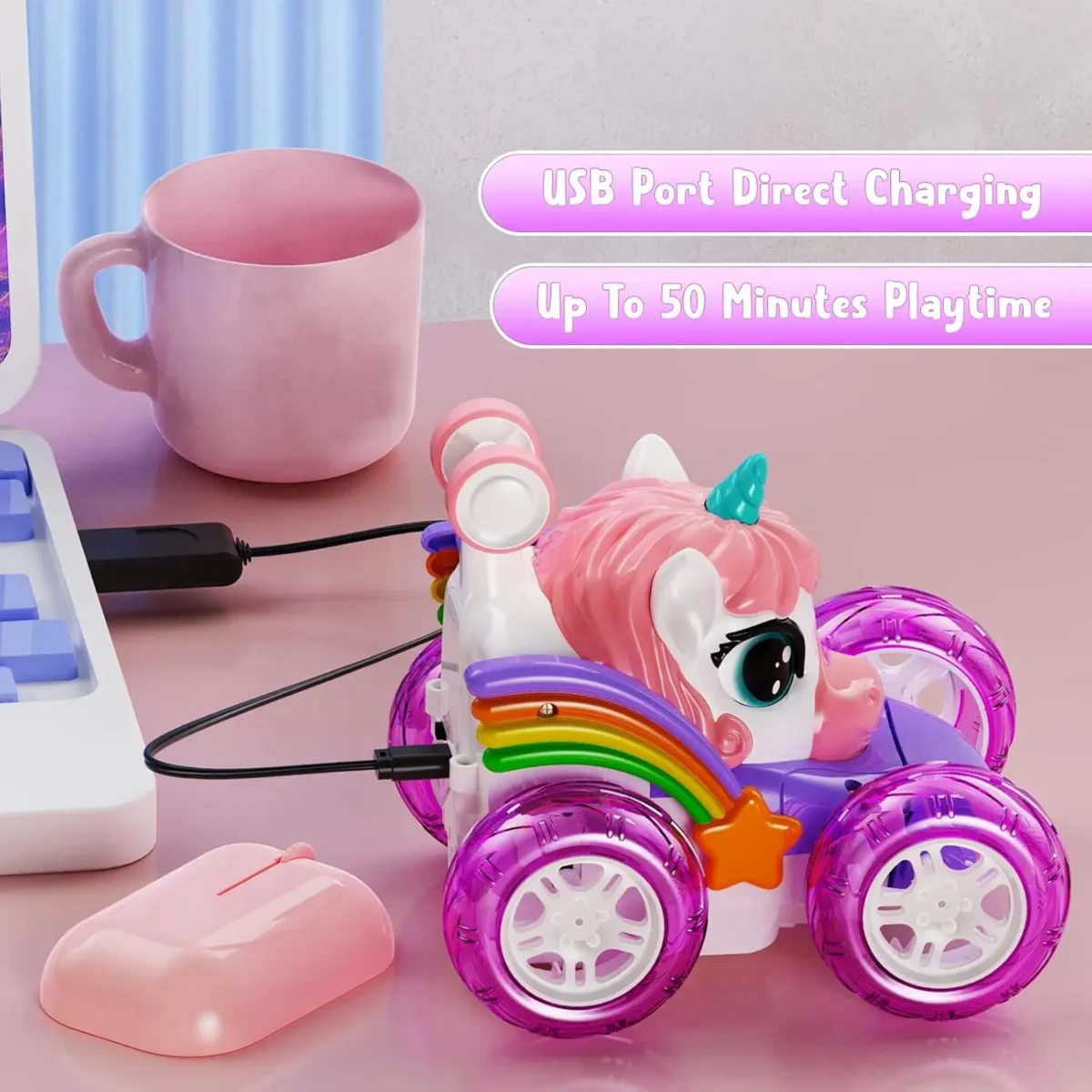 Unicorn Remote Control Car for Girls, 360° Rotating 4WD Stunt RC Cars with Cute Lights, Rechargeable Toys-Kid Birthday Gifts - Image 6