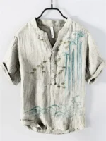 Spring/Summer Men's Shirt Stand Alone Casual Hawaiian Style Shirt Men's Top 100% Linen