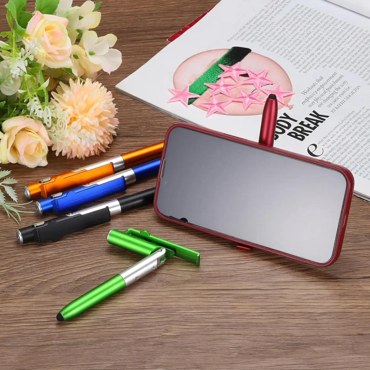 4 In 1 Multifunction Ballpoint Pen with LED Light Fold Phone Holder Night Read Writing Pencil Office School Student Stationery - Image 3