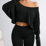 Women'S Black Long Sleeve Blouse T-shirt Casual Asymmetrical Neck Strapless Top for Sporty