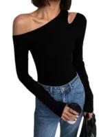 Fashion Skew Collar Off-shoulder Long-sleeved T-shirts Women Spring New Solid Slim Fit Crop Top Sexy Hollow Out Tees Shirts - Image 6