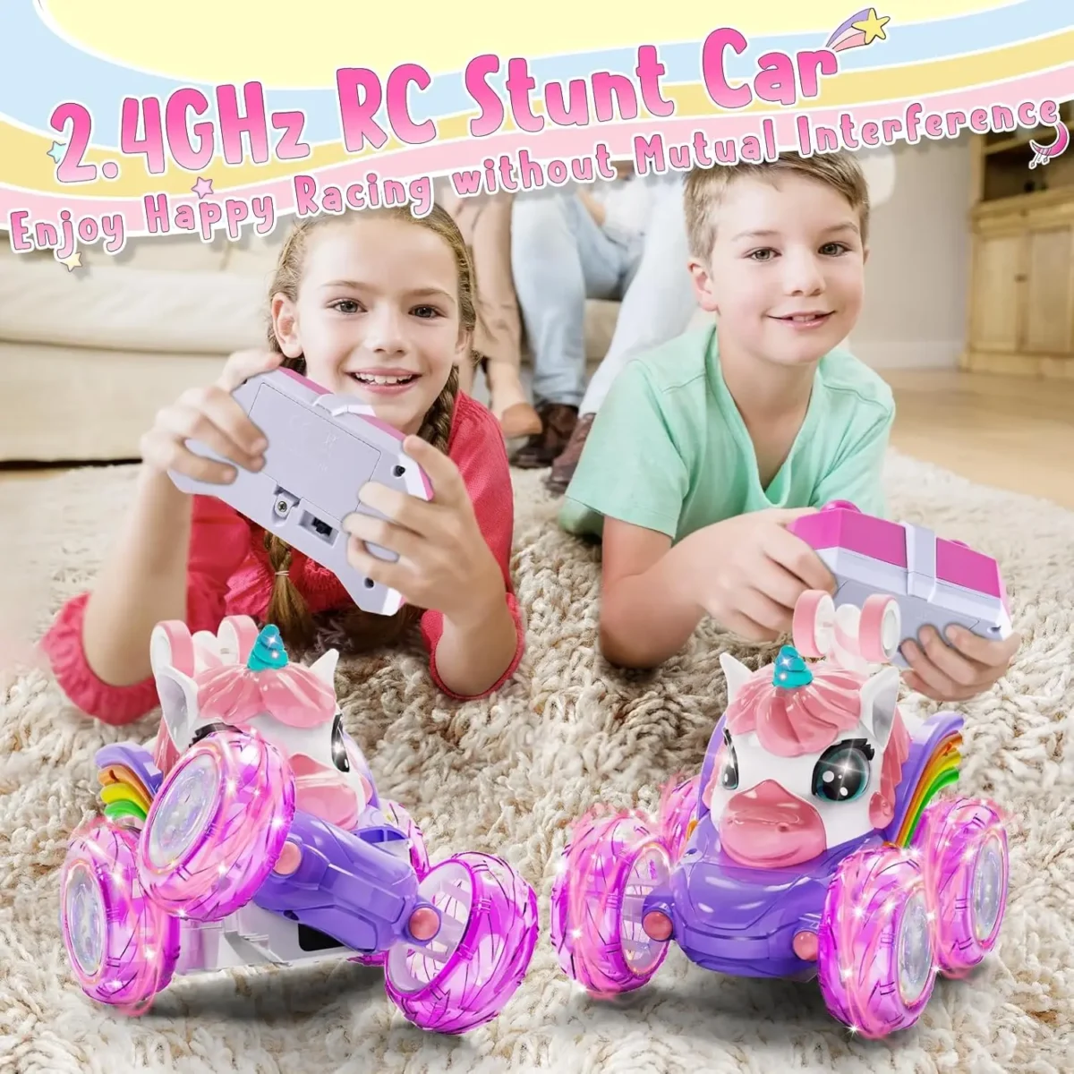 Unicorn Remote Control Car for Girls, 360° Rotating 4WD Stunt RC Cars with Cute Lights, Rechargeable Toys-Kid Birthday Gifts - Image 2