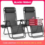 JHK Zero Gravity Set of 2 Portable Recliner Camping Patio Outdoor Garden Lounge Chair with Cup Holder Trays Adjustable Pillow
