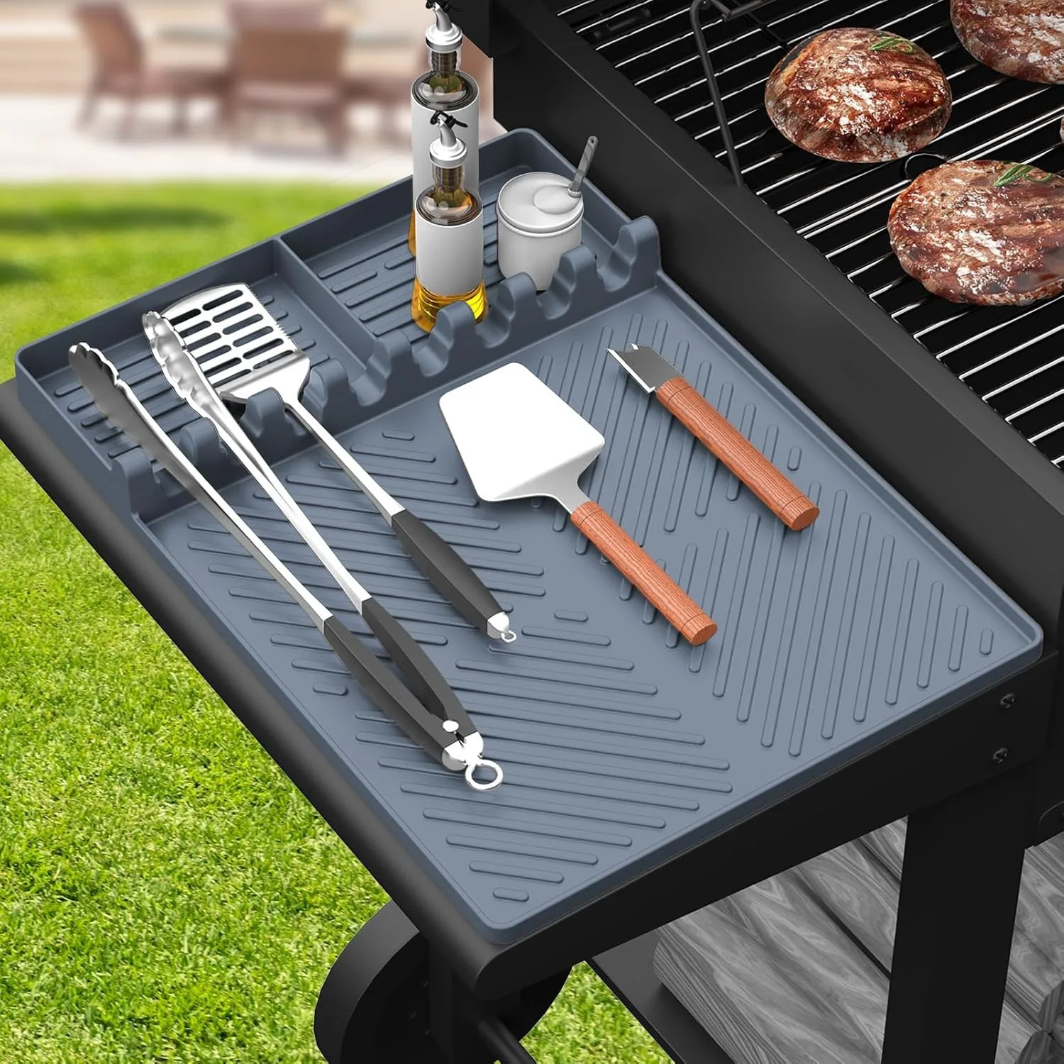 kf-Sfec0fad8d2e94f289c510e5aa677e480D Silicone Griddle Tools Mat for Blackstone Weber Traeger Pit Boss - Side Shelf Spatula Mat with Drip Pad - Flat Top Grill Smoker - Image 1