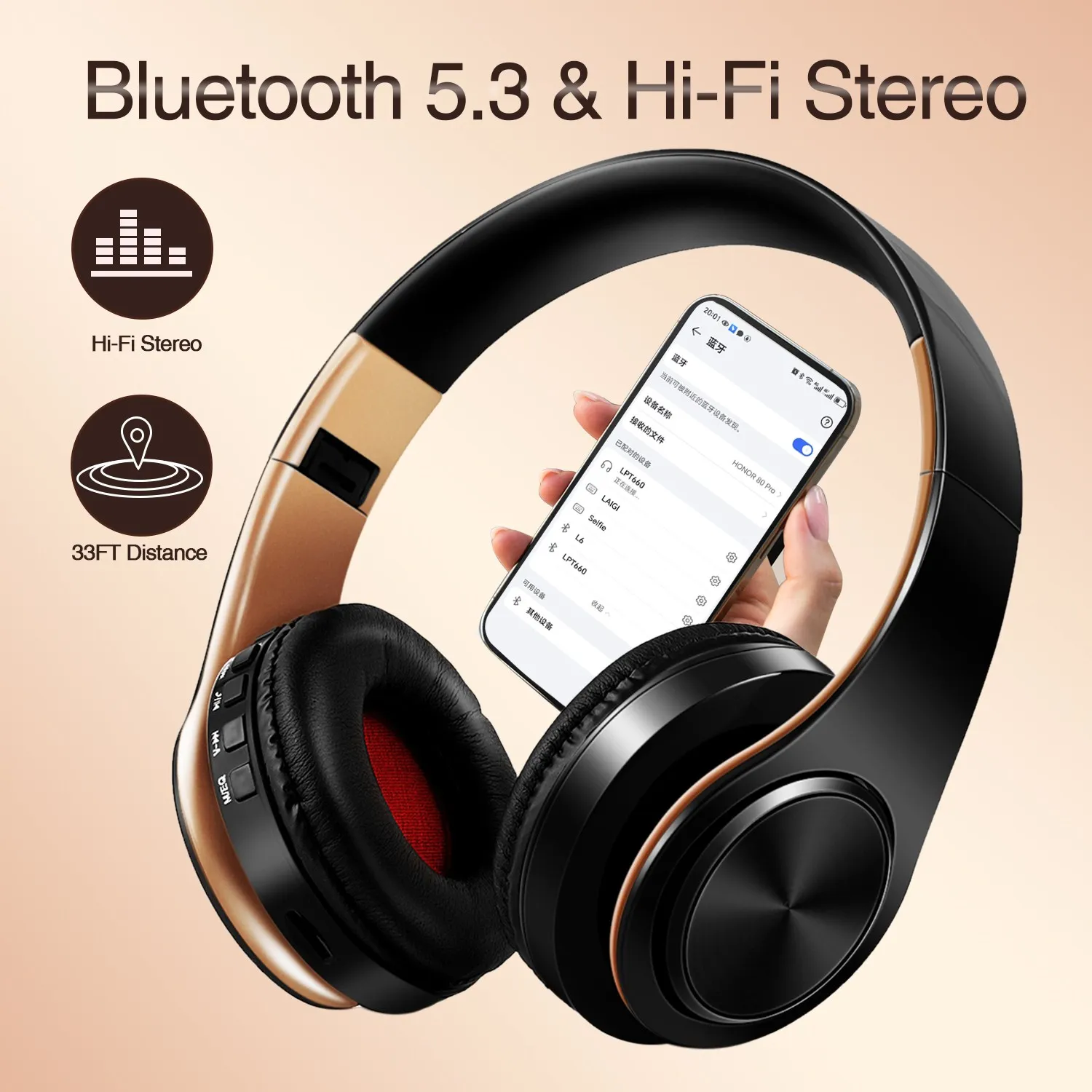 kf-S03d0880187c24190aa7c78f8f90567eag Men Gift Gold Wireless Headphones Bluetooth Earphone Stereo Headset Game with Build-in MIC with Universal for Android and iOS - Image 1