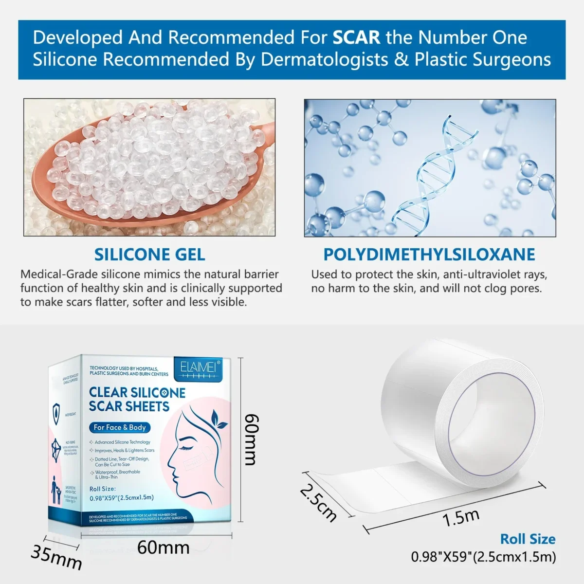 1/2 Roll Invisible Silicone Scar Sheets , 2.5cm X 150cm, Self-Adhesive Scar Cover Tape Reusable and Effective Skin Care Strips - Image 2