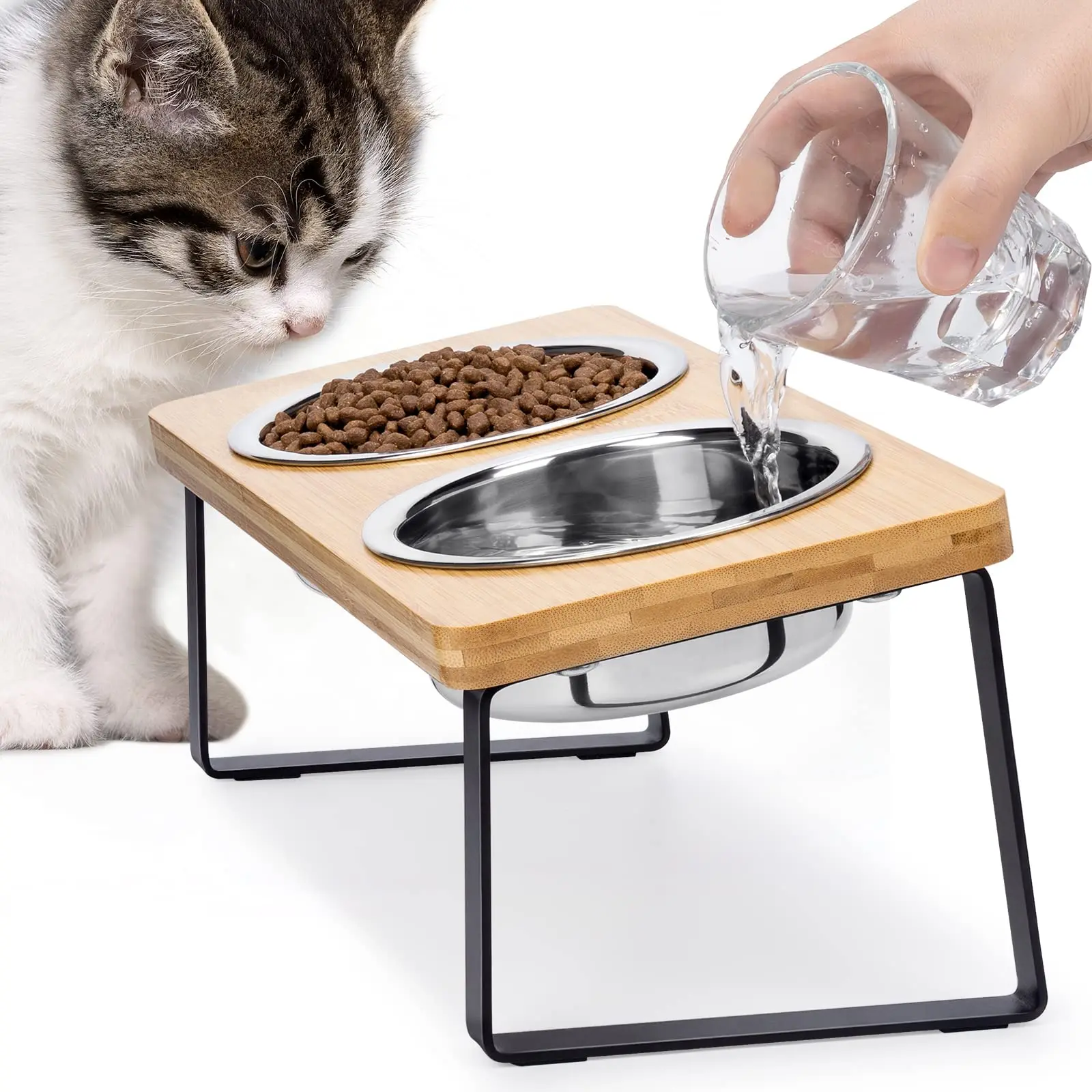 kf-Sa85e00bb369d4f869332312deb7570e5Z Elevated Cat Bowls Pet Feeder 15° Tilted Raised Cat Food Bowls with Wooden Stand 2 Stainless Steel Bowls for Cats and Puppy - Image 1